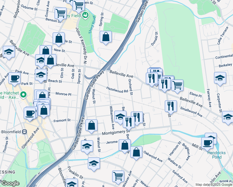 map of restaurants, bars, coffee shops, grocery stores, and more near 46 Hazelwood Road in Bloomfield