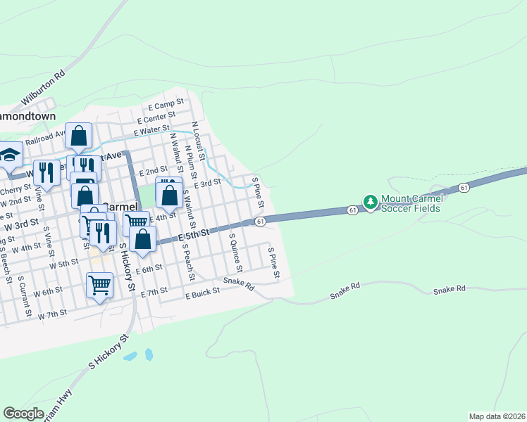 map of restaurants, bars, coffee shops, grocery stores, and more near 199 South Pine Street in Mount Carmel