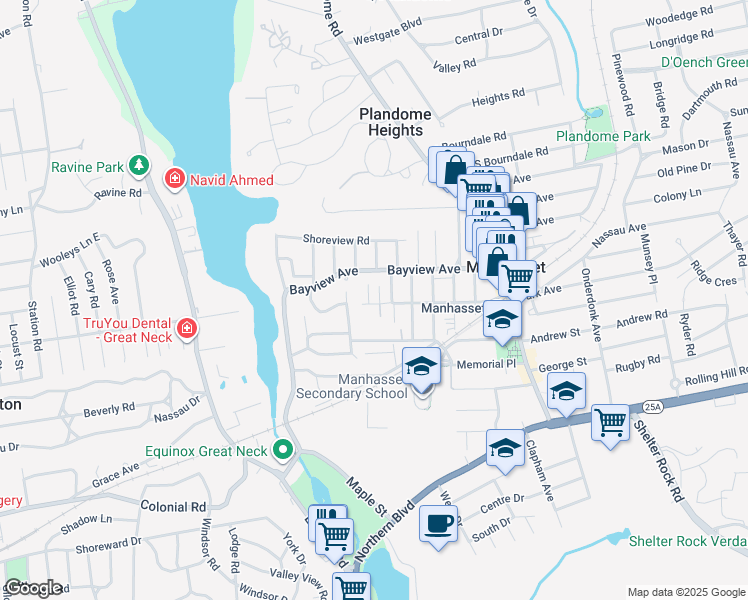 map of restaurants, bars, coffee shops, grocery stores, and more near 7 Bayview Court in Manhasset