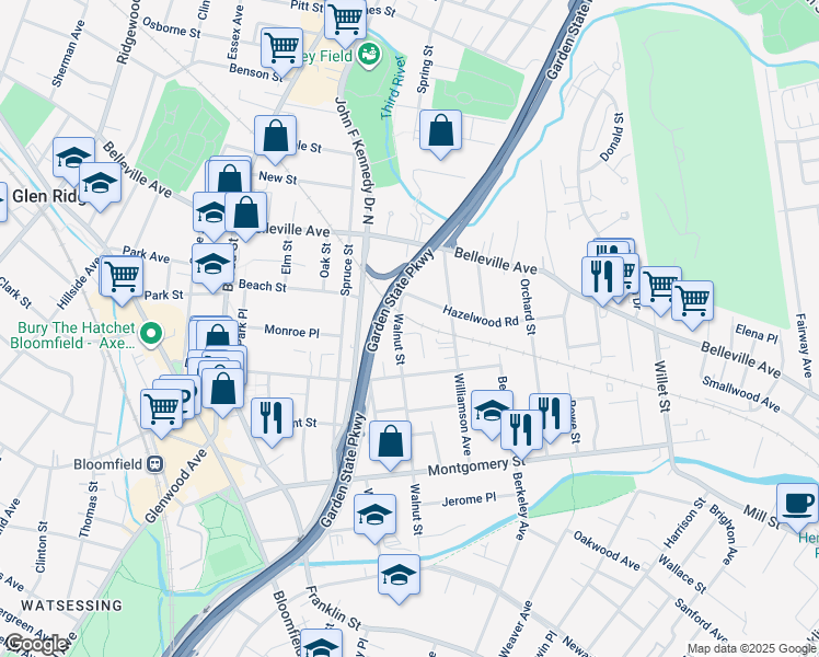 map of restaurants, bars, coffee shops, grocery stores, and more near 179 Walnut Street in Bloomfield