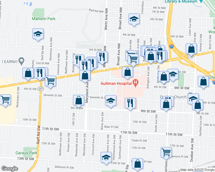 map of restaurants, bars, coffee shops, grocery stores, and more near 2908 6th Street Southwest in Canton
