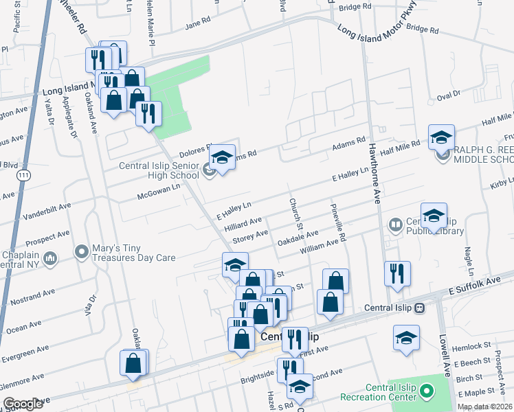 map of restaurants, bars, coffee shops, grocery stores, and more near 17 East Halley Lane in Central Islip