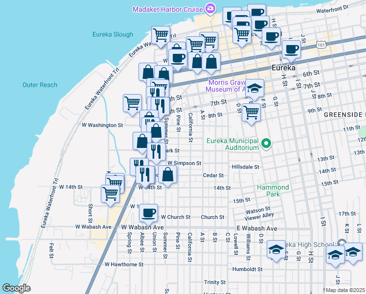 map of restaurants, bars, coffee shops, grocery stores, and more near 124 West Clark Street in Eureka