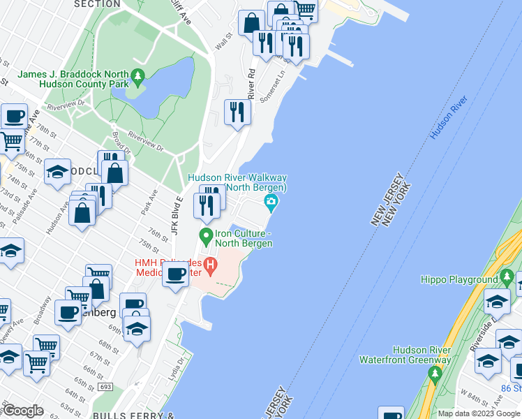 map of restaurants, bars, coffee shops, grocery stores, and more near 6B Cove Lane in North Bergen
