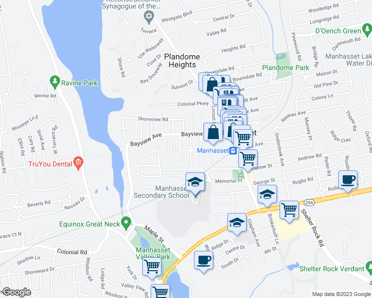 map of restaurants, bars, coffee shops, grocery stores, and more near 123 Hillside Avenue in Manhasset