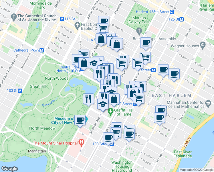 map of restaurants, bars, coffee shops, grocery stores, and more near 1309 5th Avenue in New York