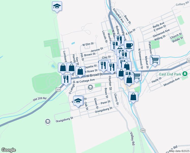 map of restaurants, bars, coffee shops, grocery stores, and more near 218 West Broad Street in Tamaqua