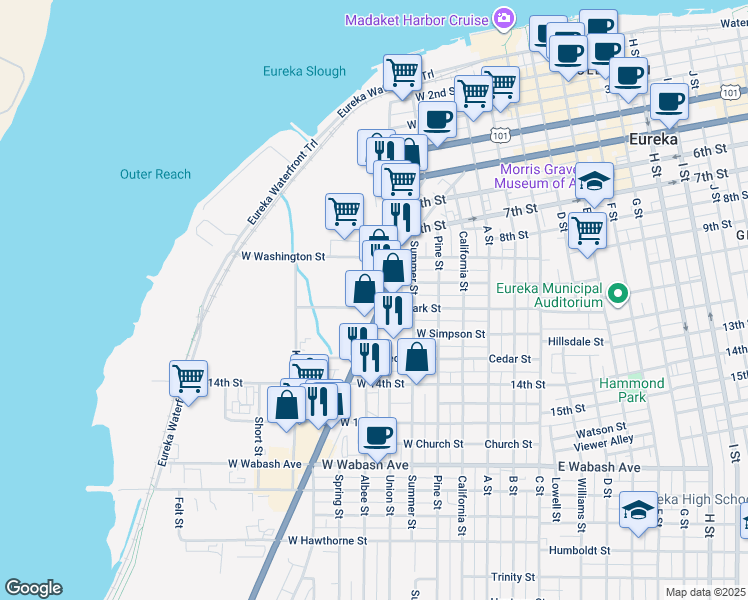 map of restaurants, bars, coffee shops, grocery stores, and more near 1028 Broadway in Eureka