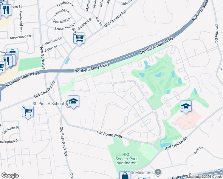 map of restaurants, bars, coffee shops, grocery stores, and more near 1076 Savoy Drive in Melville