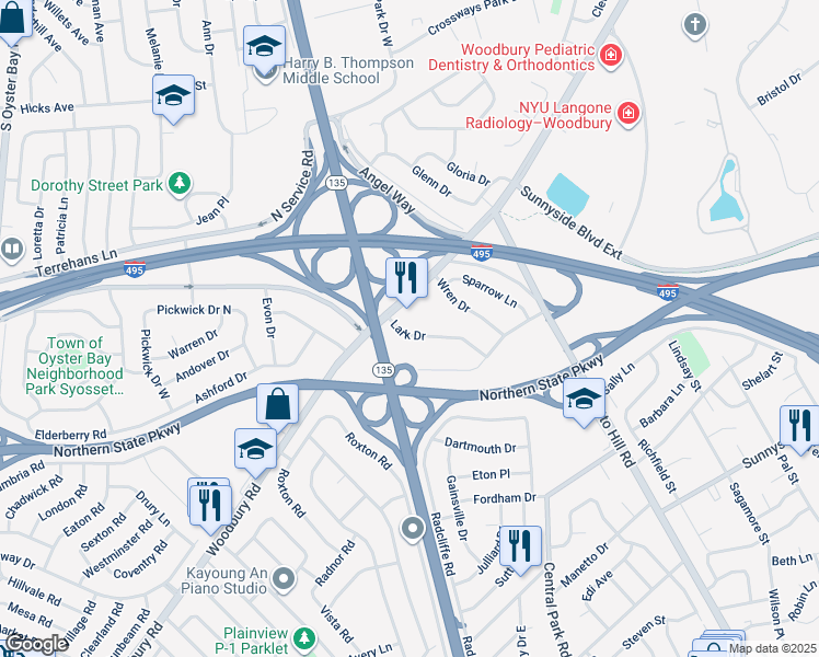map of restaurants, bars, coffee shops, grocery stores, and more near 28 Lark Drive in Woodbury