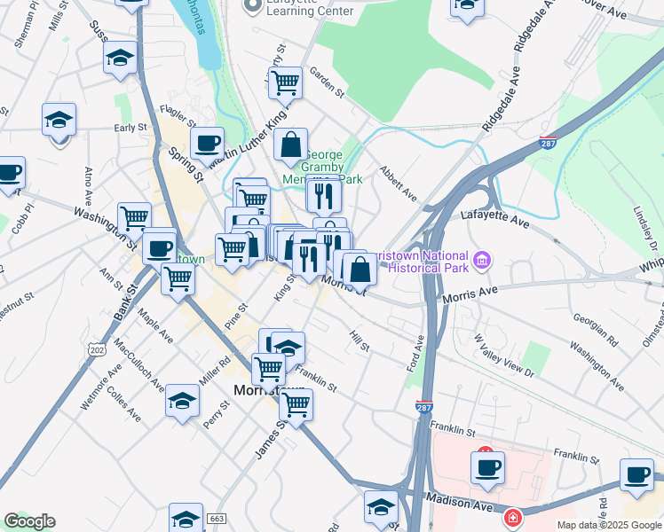 map of restaurants, bars, coffee shops, grocery stores, and more near 2 Lackawanna Place in Morristown