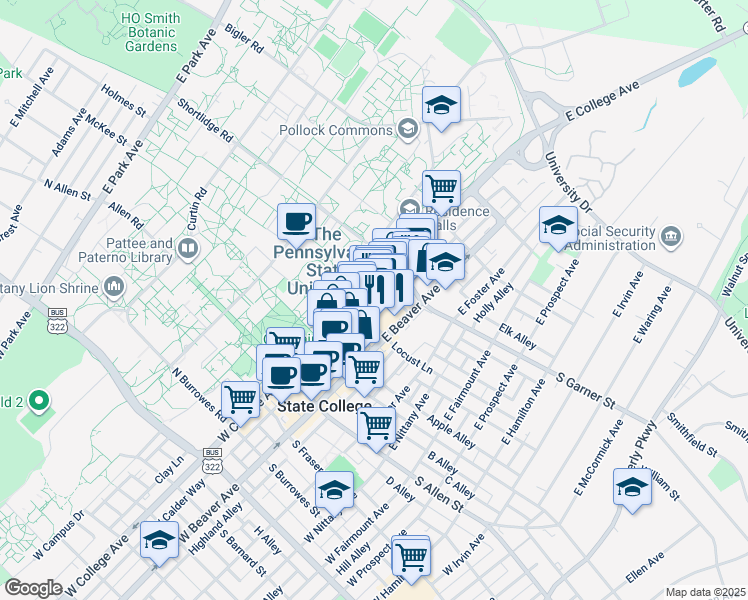 map of restaurants, bars, coffee shops, grocery stores, and more near 366 East College Avenue in State College