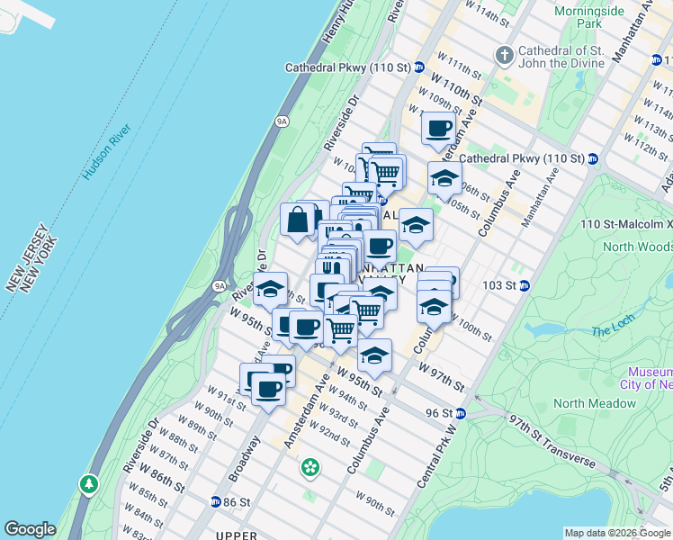 map of restaurants, bars, coffee shops, grocery stores, and more near 2621 Broadway in New York