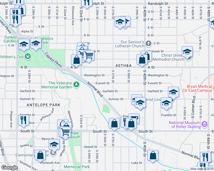 map of restaurants, bars, coffee shops, grocery stores, and more near 3611 Everett Street in Lincoln