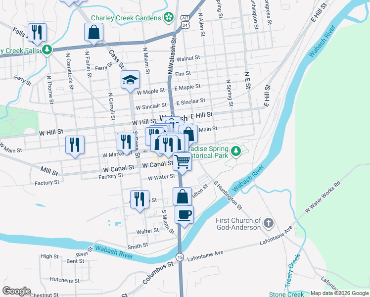 map of restaurants, bars, coffee shops, grocery stores, and more near 39 East Market Street in Wabash