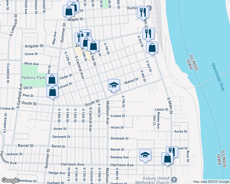 map of restaurants, bars, coffee shops, grocery stores, and more near 1110 South 8th Street in Burlington