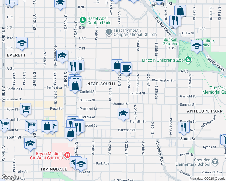 map of restaurants, bars, coffee shops, grocery stores, and more near 1544 South 20th Street in Lincoln