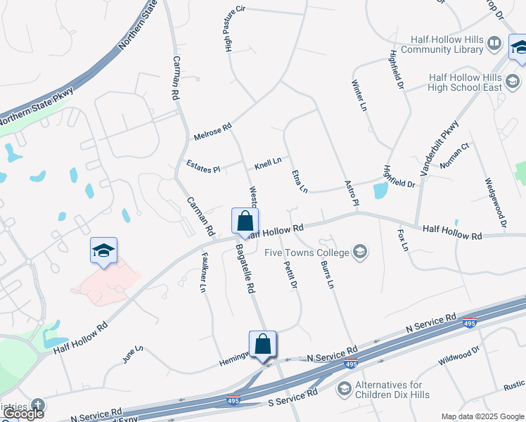 map of restaurants, bars, coffee shops, grocery stores, and more near 45 Westcliff Drive in Dix Hills