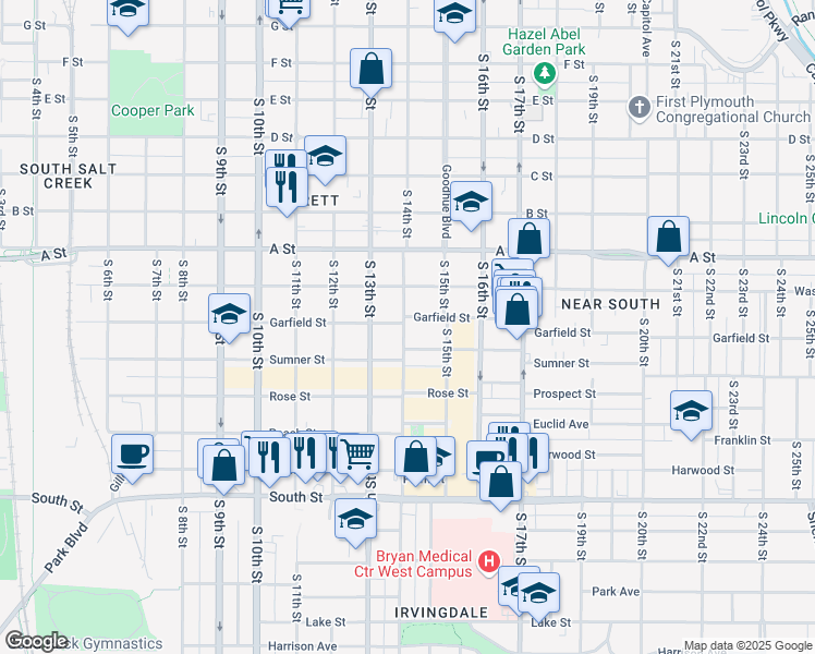 map of restaurants, bars, coffee shops, grocery stores, and more near 1618 South 14th Street in Lincoln