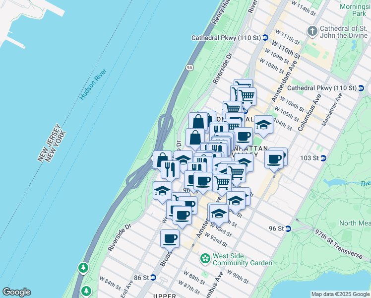 map of restaurants, bars, coffee shops, grocery stores, and more near 258 Riverside Drive in New York