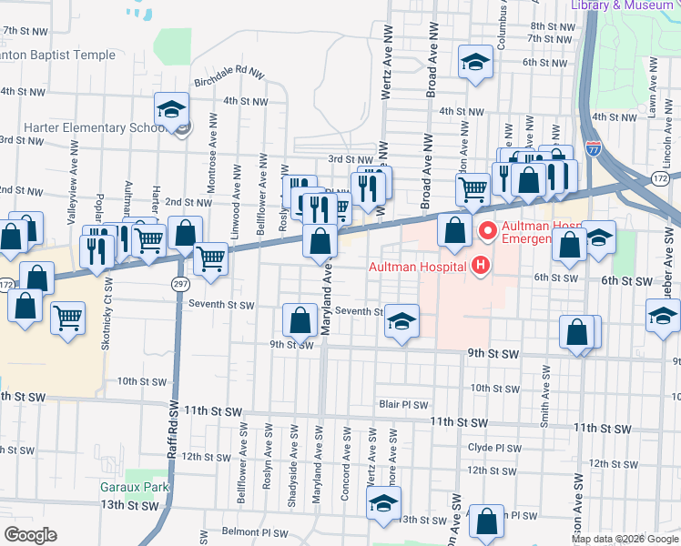 map of restaurants, bars, coffee shops, grocery stores, and more near 3048 6th Street Southwest in Canton
