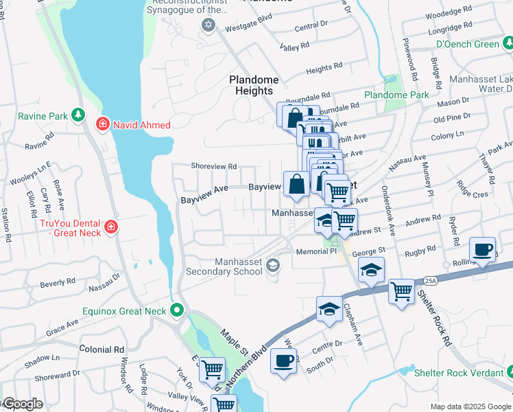 map of restaurants, bars, coffee shops, grocery stores, and more near 127 Hillside Avenue in Manhasset