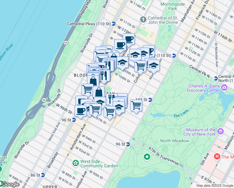 map of restaurants, bars, coffee shops, grocery stores, and more near 840 Columbus Avenue in New York