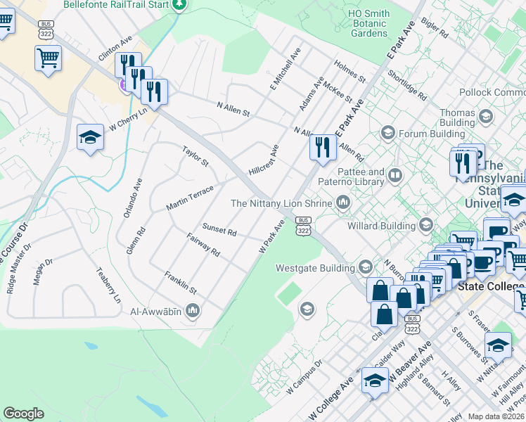 map of restaurants, bars, coffee shops, grocery stores, and more near 317 Ridge Avenue in State College