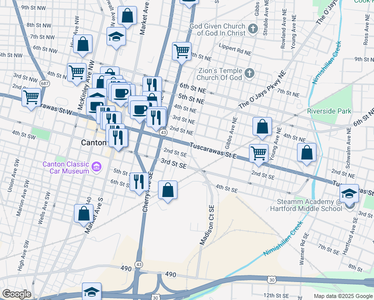 map of restaurants, bars, coffee shops, grocery stores, and more near 720 Tuscarawas Street East in Canton