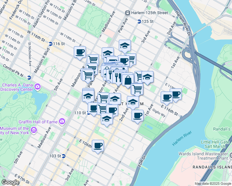 map of restaurants, bars, coffee shops, grocery stores, and more near 190 East 115th Street in New York