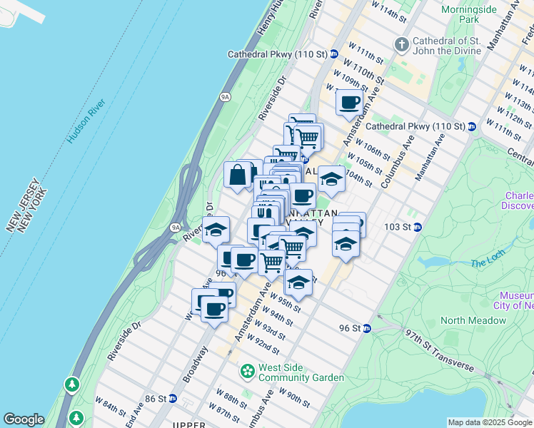 map of restaurants, bars, coffee shops, grocery stores, and more near 243 West 99th Street in New York