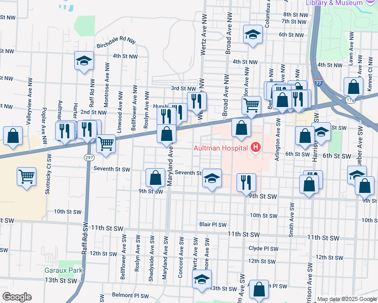 map of restaurants, bars, coffee shops, grocery stores, and more near 3022 6th Street Southwest in Canton