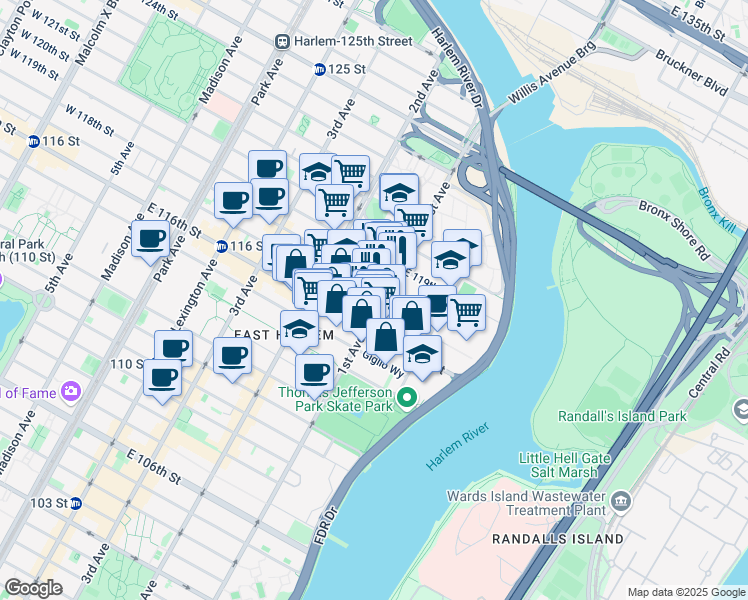 map of restaurants, bars, coffee shops, grocery stores, and more near in New York