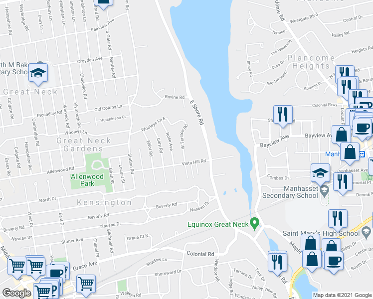 map of restaurants, bars, coffee shops, grocery stores, and more near 8 West Terrace Road in Great Neck
