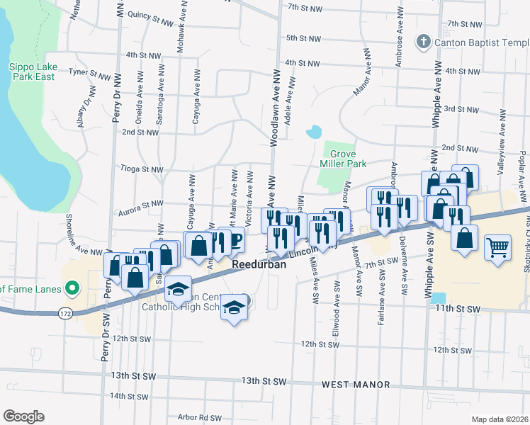map of restaurants, bars, coffee shops, grocery stores, and more near 139 Woodlawn Avenue Northwest in Canton