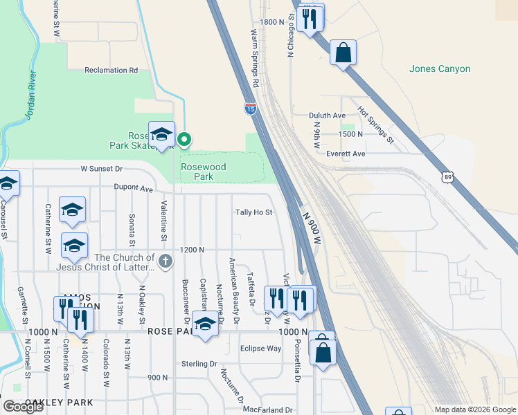 map of restaurants, bars, coffee shops, grocery stores, and more near 1032 Tally Ho Street in Salt Lake City