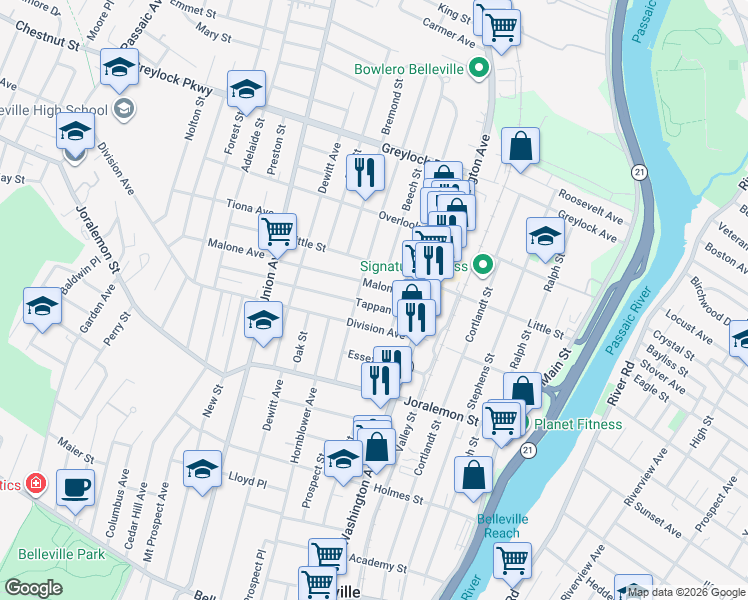 map of restaurants, bars, coffee shops, grocery stores, and more near 44 Tappan Avenue in Belleville