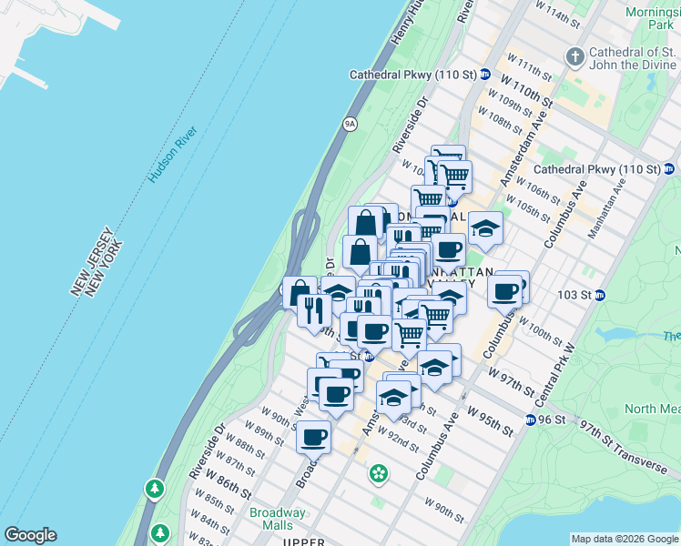 map of restaurants, bars, coffee shops, grocery stores, and more near 258 Riverside Drive in New York