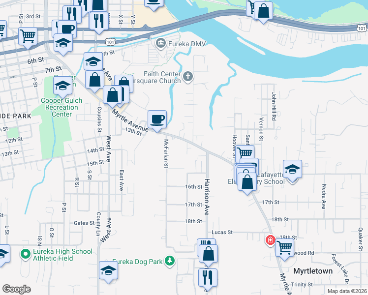 map of restaurants, bars, coffee shops, grocery stores, and more near 1422 Dean Street in Eureka