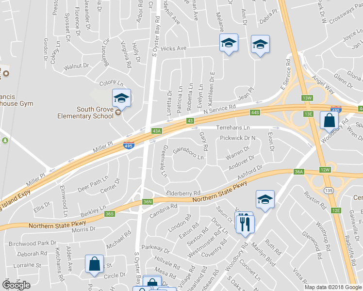 map of restaurants, bars, coffee shops, grocery stores, and more near 15 Gainsboro Lane in Syosset