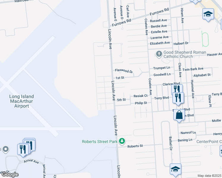 map of restaurants, bars, coffee shops, grocery stores, and more near 129 Cambridge Avenue in Holbrook