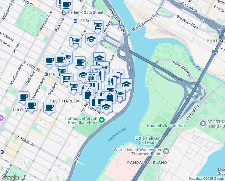 map of restaurants, bars, coffee shops, grocery stores, and more near 361 Pleasant Avenue in New York