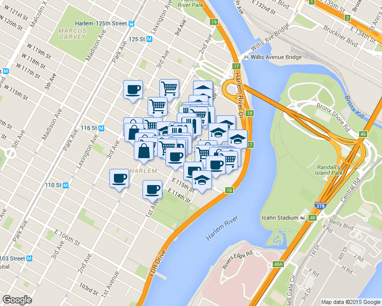 map of restaurants, bars, coffee shops, grocery stores, and more near 421 East 118th Street in New York