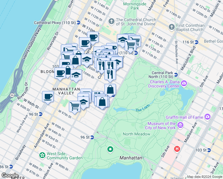 map of restaurants, bars, coffee shops, grocery stores, and more near 8 West 104th Street in New York
