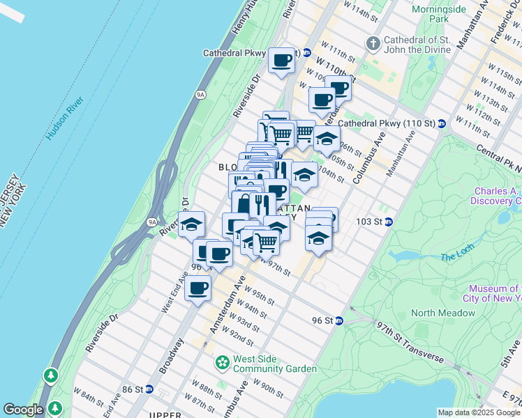 map of restaurants, bars, coffee shops, grocery stores, and more near 216 West 100th Street in New York