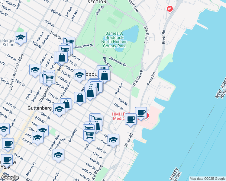 map of restaurants, bars, coffee shops, grocery stores, and more near 115 77th Street in North Bergen