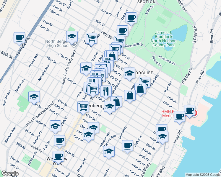 map of restaurants, bars, coffee shops, grocery stores, and more near 412 72nd Street in North Bergen