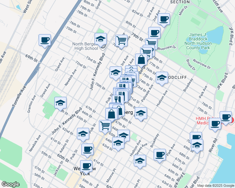 map of restaurants, bars, coffee shops, grocery stores, and more near 7011 Madison Street in Guttenberg