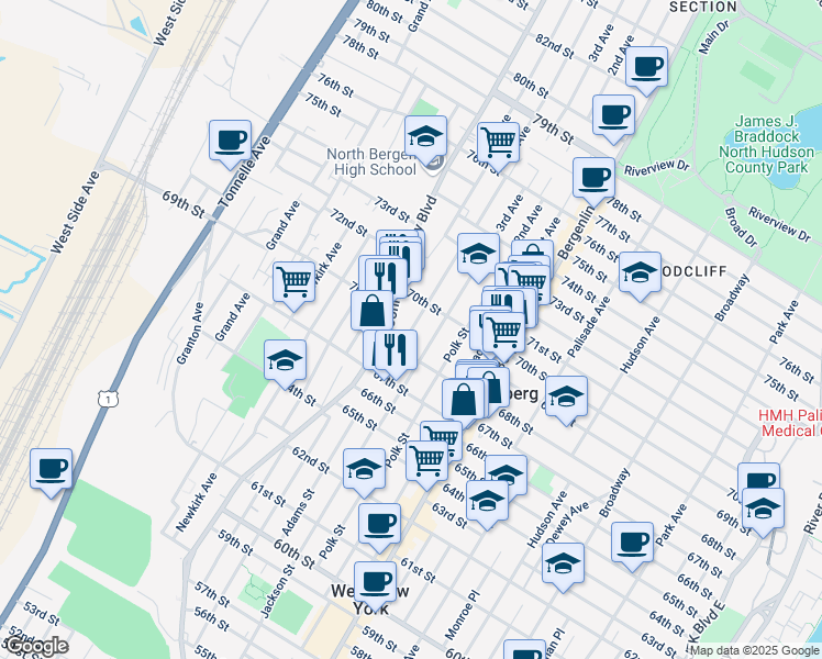map of restaurants, bars, coffee shops, grocery stores, and more near 6825 Adams Street in Guttenberg
