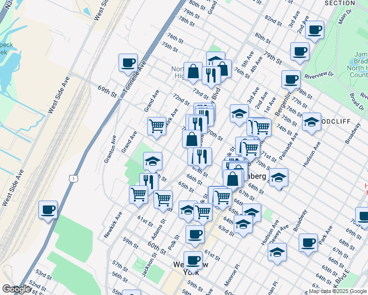 map of restaurants, bars, coffee shops, grocery stores, and more near 6717 Smith Avenue in North Bergen